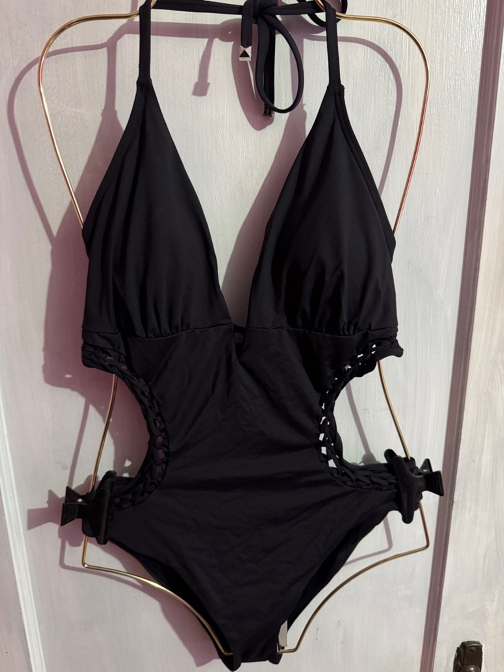 BCBGMaxAzria Halter One-Piece Swimsuit with Braided Side Cutouts